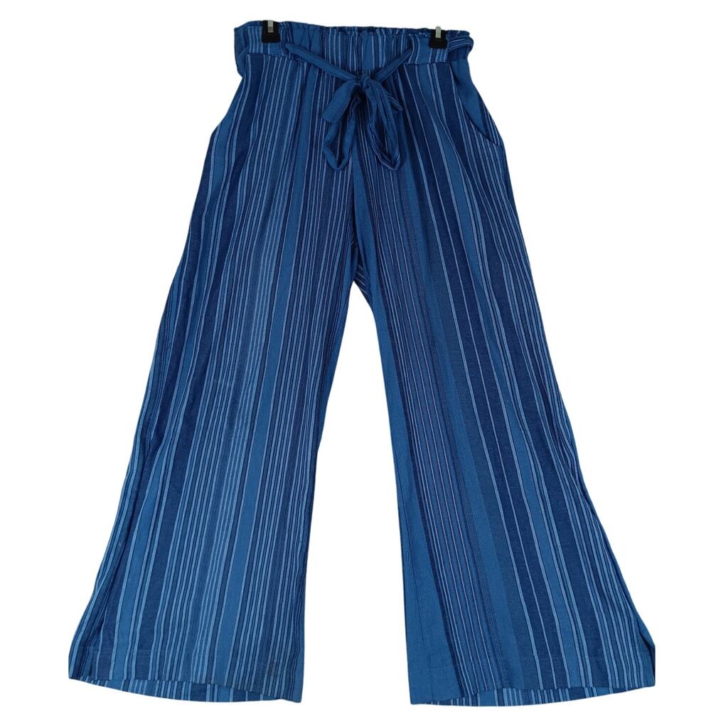 Indigo Rein Linen Blend‎ Pants Women's Large 32X28 Blue Striped Wide Leg Beach - Picture 2 of 14